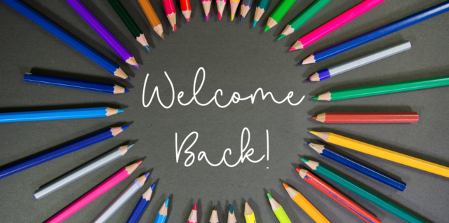 Welcome Back logo with rainbow pencils
